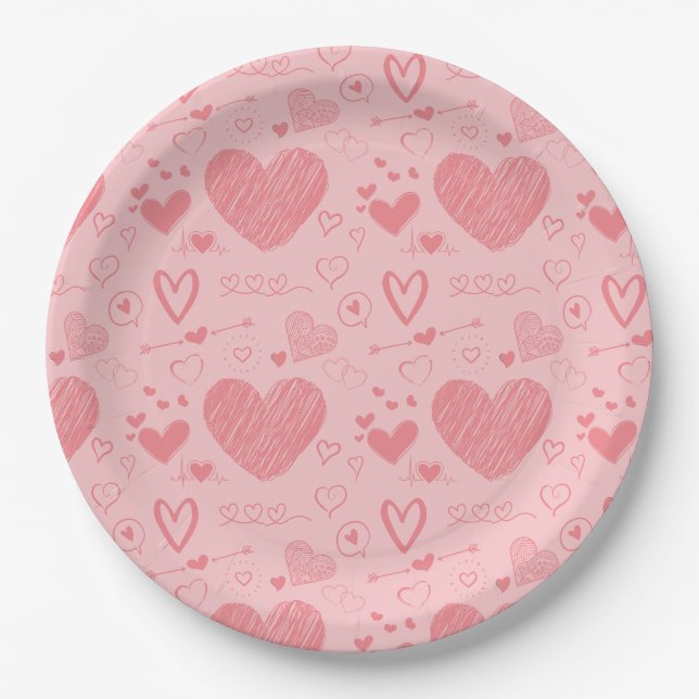pink hearts - pink backgroud pattern paper plate (Front)