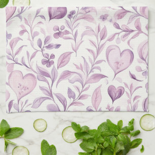 Pink Hearts Purple Leaves Tea Towel