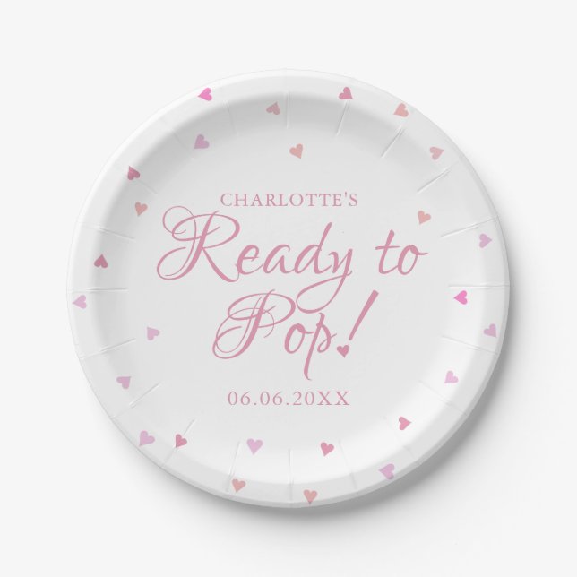 Pink Hearts Ready to Pop Baby Shower Paper Plate (Front)
