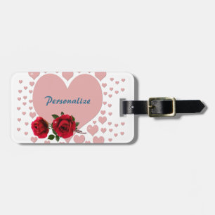 Pink Hearts Red Roses Romantic Personalise Travel Luggage Tag