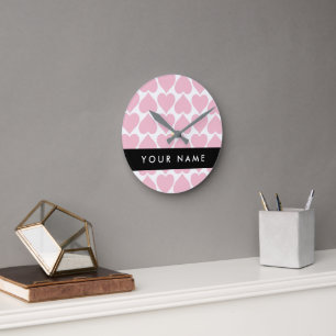 Pink Hearts, Romantic, Your Name, Personalise Round Clock