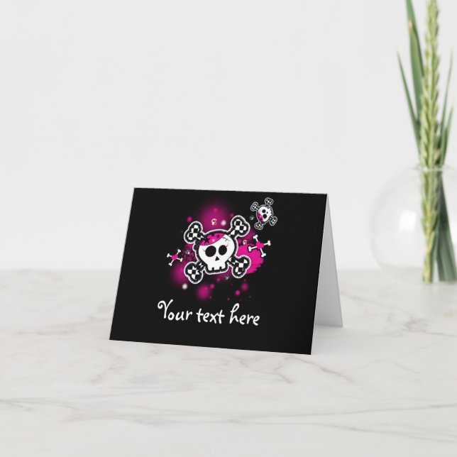 Pink Hearts Skull & Crossbones Fold Thank You Card (Front)