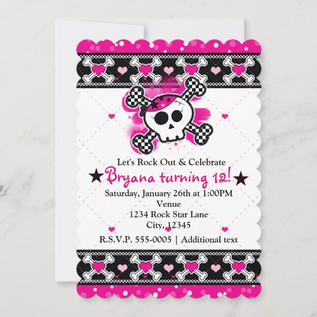 Pink Hearts, Skull & Crossbones Party Invitations (Front)