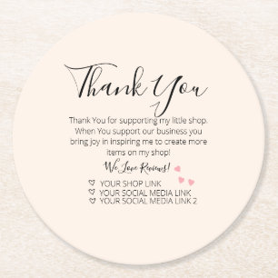 Pink Hearts Small Business Thank You   Round Paper Coaster