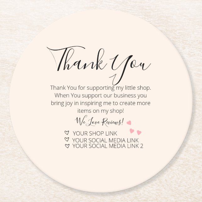 Pink Hearts Small Business Thank You   Round Paper Coaster (Front)