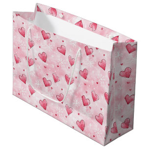 Pink Hearts Snowflakes Christmas Large Gift Bag