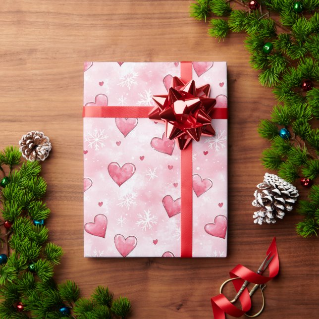 Pink Hearts Snowflakes Christmas Wrapping Paper (Holiday Gift)