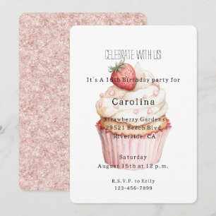 Pink Hearts Strawberry Cupcake Glitter Birthday Invitation