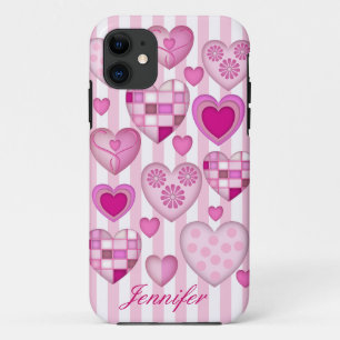 Pink Hearts, Stripes and Name iPhone 11 Case