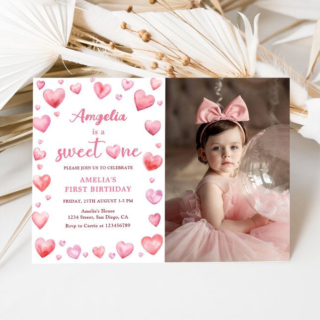 Pink Hearts Sweet One Valentine 1st Birthday Photo Invitation (Creator Uploaded)