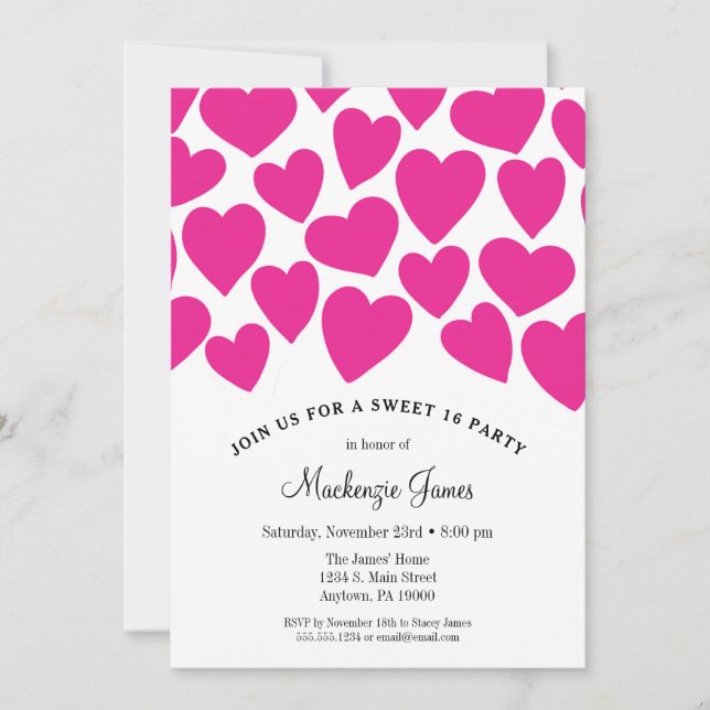 Pink Hearts Sweet Sixteen Birthday Invitation 16 (Front)