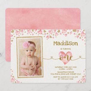 Pink Hearts Sweetheart First 1st Birthday Invite