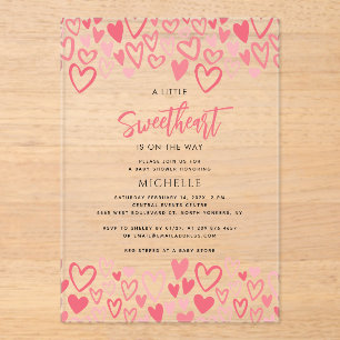 Pink Hearts Sweetheart Girl Baby Shower Acrylic Invitations