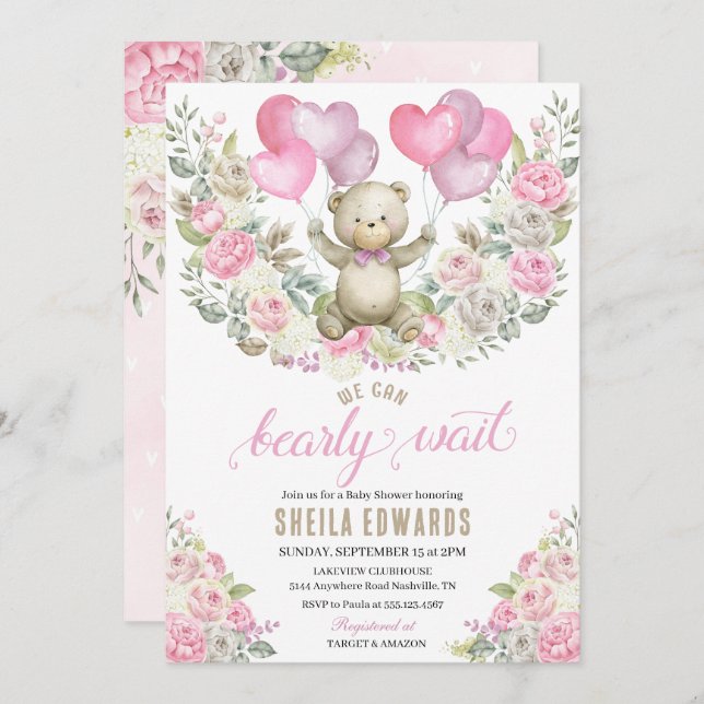 Pink Hearts Teddy Bear Balloons Baby Shower Invitation (Front/Back)