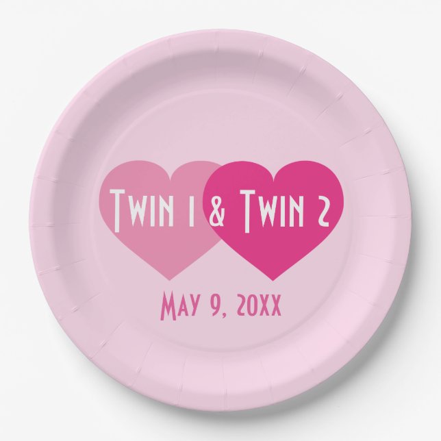 Pink Hearts Twin Girls Paper Plate (Front)