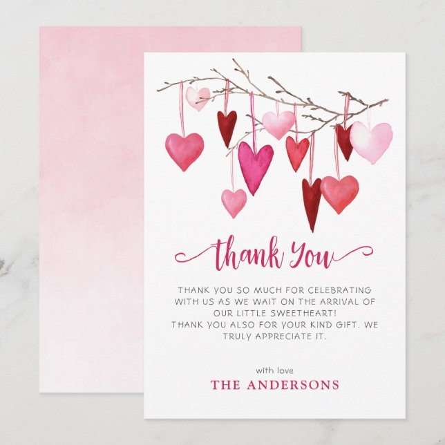 Pink Hearts Valentine Baby Shower Thank You Card (Front/Back)