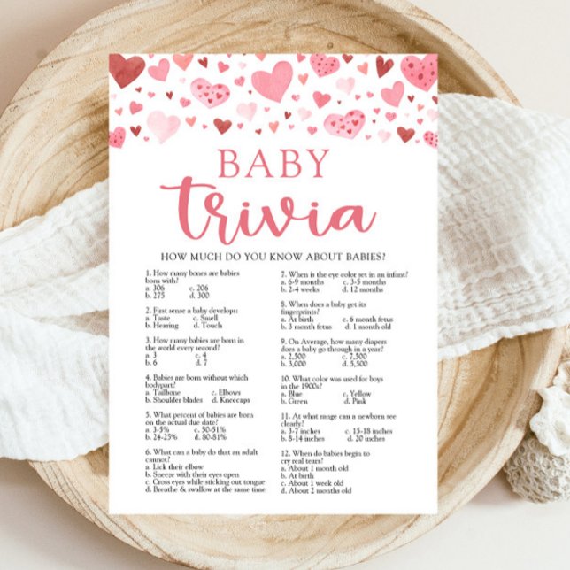 Pink Hearts Valentine Baby Trivia Baby Shower Game Invitation (Watercolor Cute Pink Red Hearts Valentine A Little Sweetheart Girl Baby Trivia Baby Shower Game)