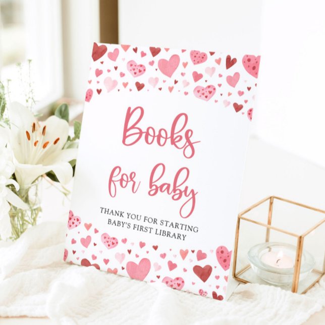 Pink Hearts Valentine Books for Baby Shower  Pedestal Sign (Creator Uploaded)