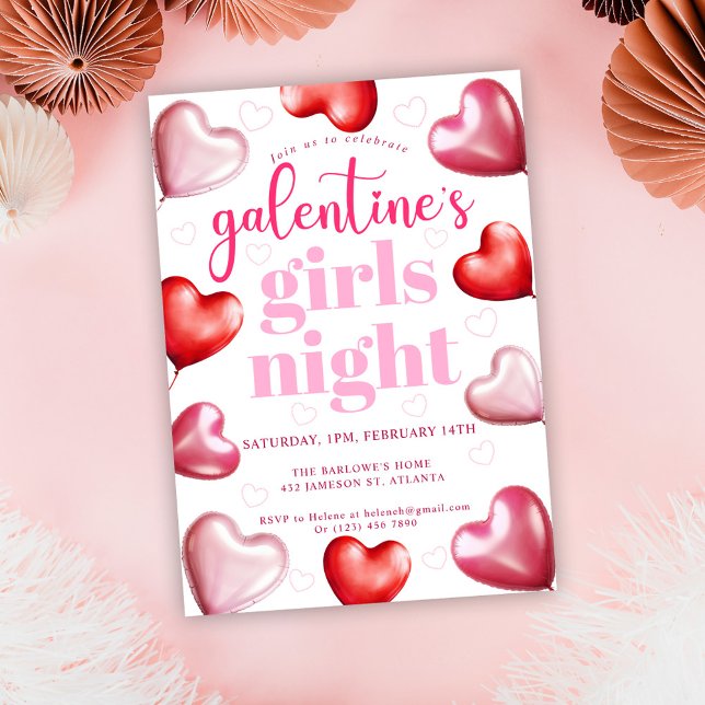 Pink Hearts Valentine's Galentine's Girls Night Invitation (Girly Cute Fun Valentine's Galentine's Girls Night Invitation)