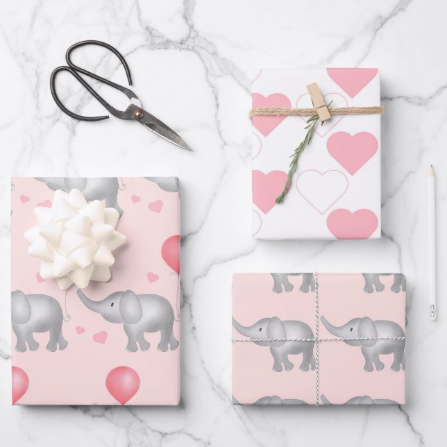 Pink Hearts & Watercolor Elephant Gift Wrapping Paper Sheet (Front)