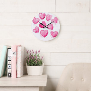 Pink Hearts Watercolour Digital Art Large Clock