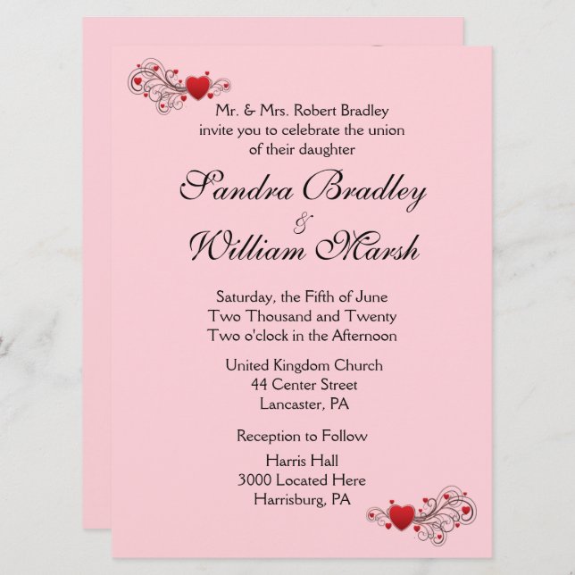 Pink Hearts Wedding Invitation (Front/Back)