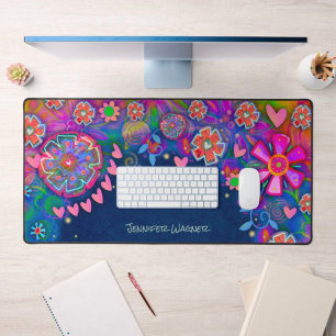 Pink Hearts Whimsical Floral Personalised Blue Desk Mat