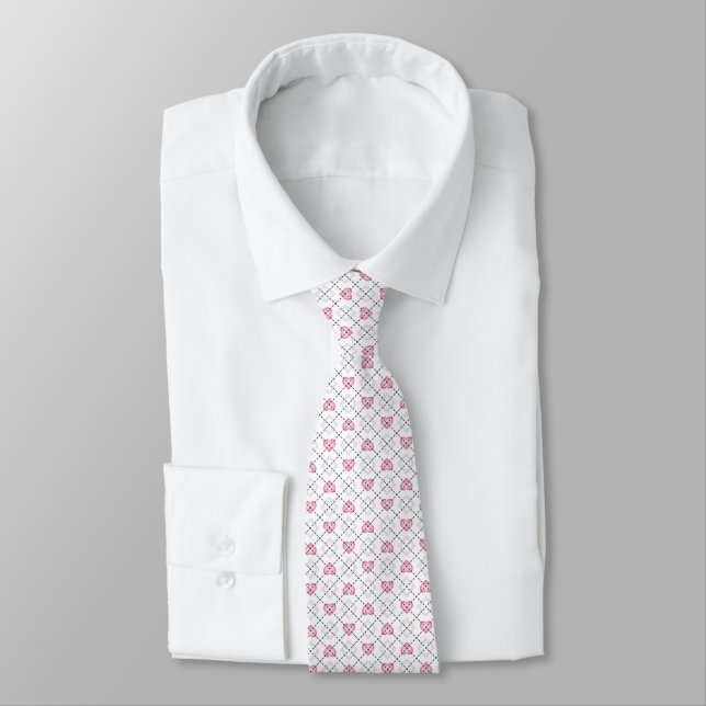 Pink Hearts White Diamonds Argyle Pattern Tie (Tied)