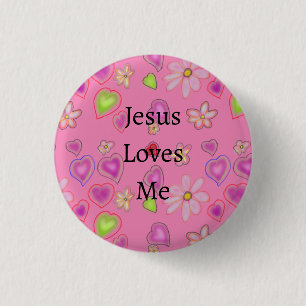Pink Hearts White Flowers Jesus Loves Me 3 Cm Round Badge