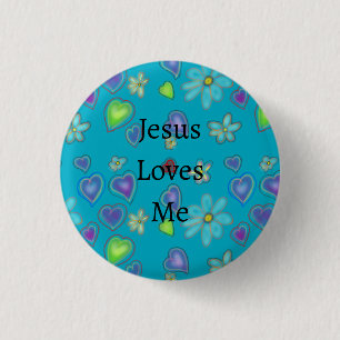 Pink Hearts White Flowers Jesus Loves Me Button