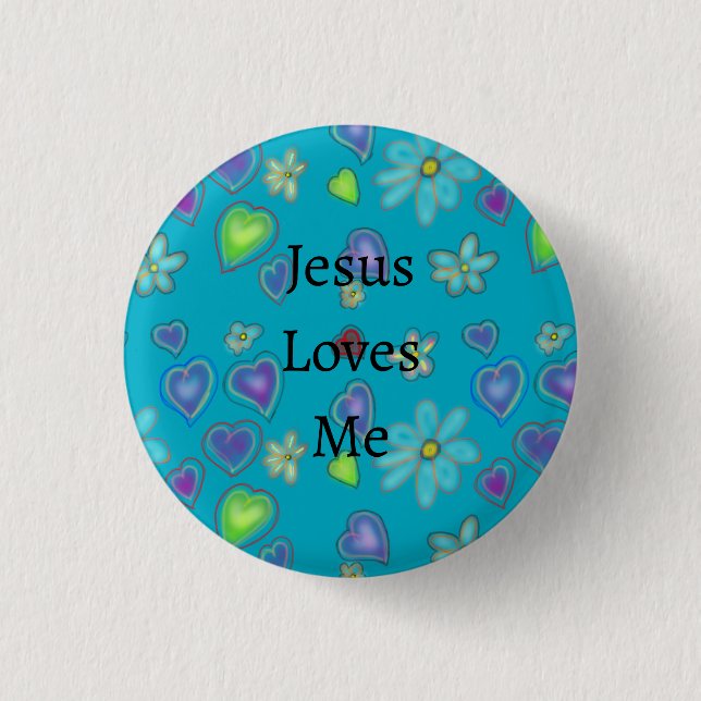 Pink Hearts White Flowers Jesus Loves Me Button (Front)