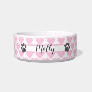 Pink Hearts with Grey Paw Prints Personalised Pet Bowl