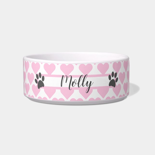 Pink Hearts with Grey Paw Prints Personalised Pet Bowl (Front)