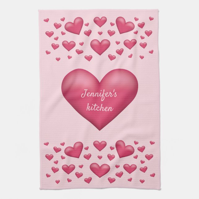 Pink Hearts With Personalizable Text Tea Towel (Vertical)