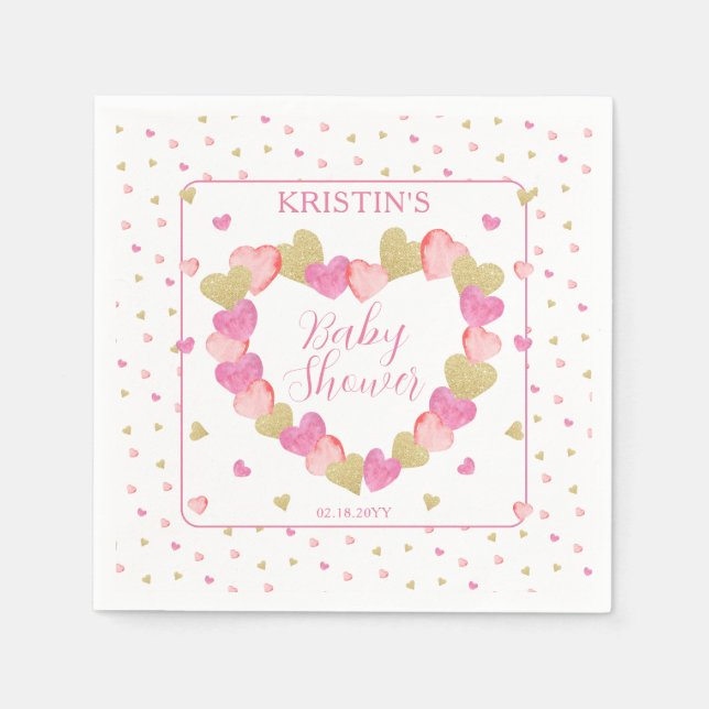 Pink Hearts Wreath A Little Sweetheart Baby Shower Napkin (Front)