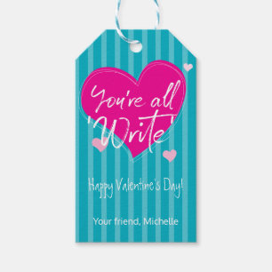 Pink Hearts You're all "write" Classroom valentine Gift Tags