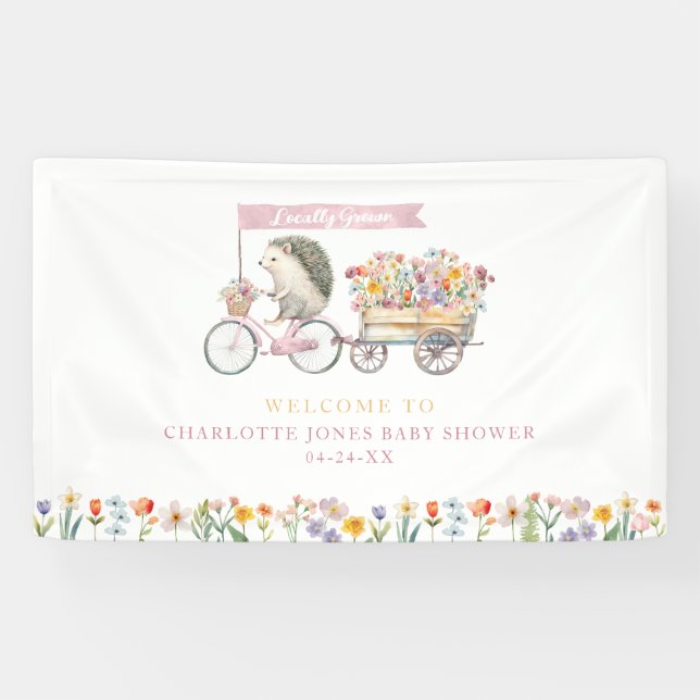 Pink Hedgehog Baby Shower Welcome Banner – Floral  (Horizontal)