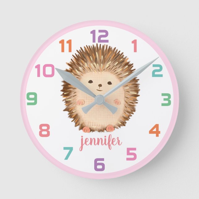 Pink Hedgehog Colorful Kids Wall Clock (Front)