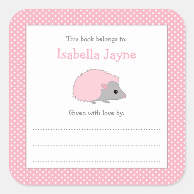 Pink Hedgehog girl bookplate Square Sticker (Front)