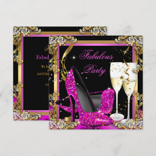 Pink Heels Gold Black Fabulous Champagne Party Invitation
