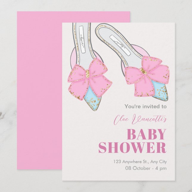 Pink heels with ribbon baby shower invitation (Front/Back)