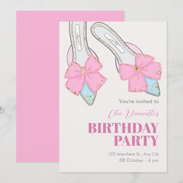 Pink heels with ribbon birthday invitation (Front/Back)