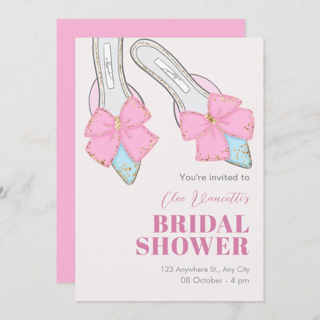 Pink heels with ribbon bridal shower invitation (Front/Back)