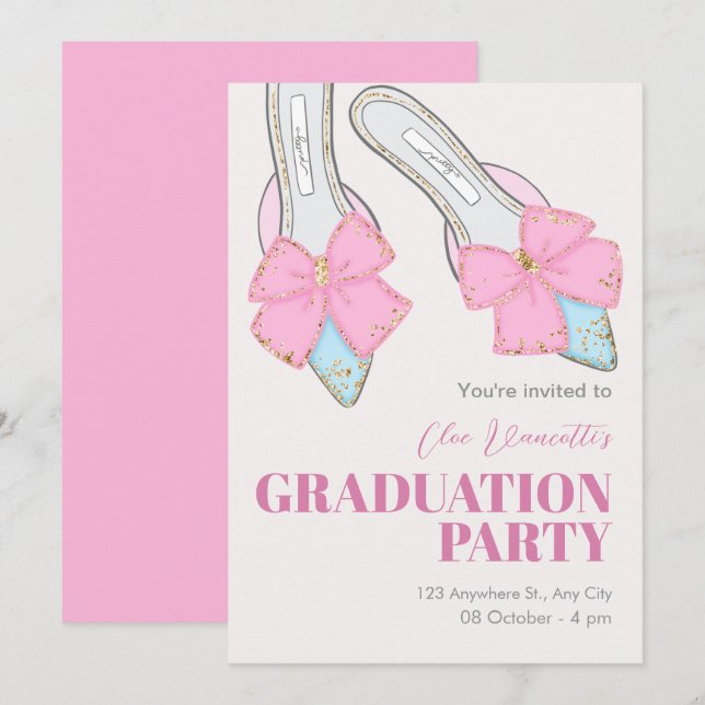 Pink heels with ribbon graduation invitation (Front/Back)