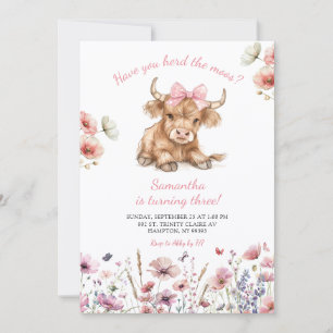 Pink Heifer Bull Floral Birthday Invitation