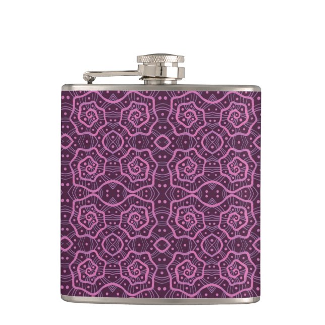 "Pink helices” arabesque pattern in pink & purple Hip Flask (Front)
