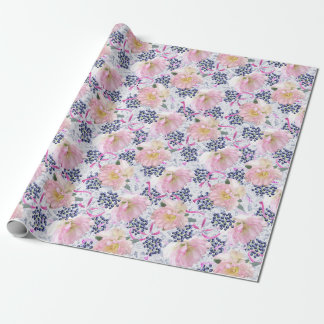 Pink Hellebore Flowers Berries & Ribbons on White Wrapping Paper