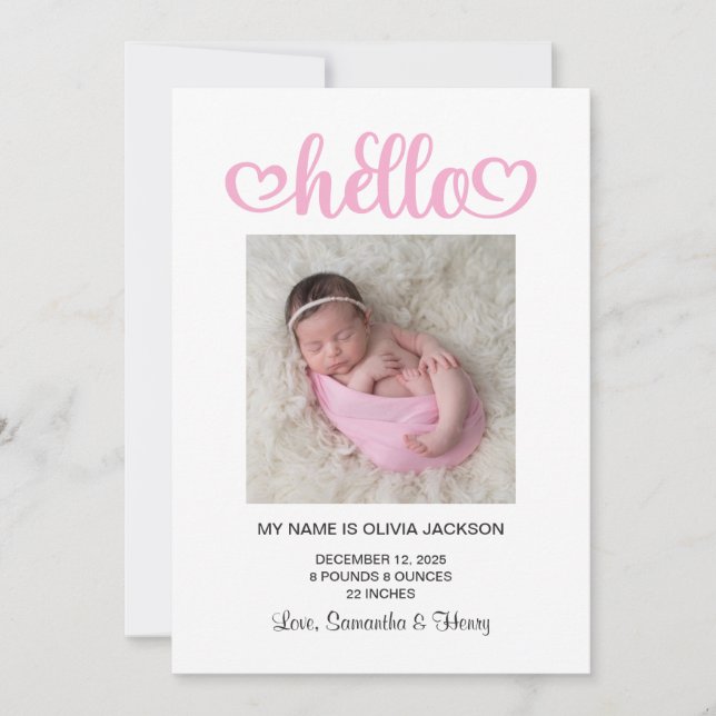 Pink Hello Hearts Script Birth Announcement (Front)