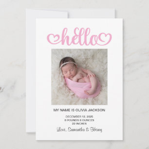 Pink Hello Hearts Script Birth Announcement