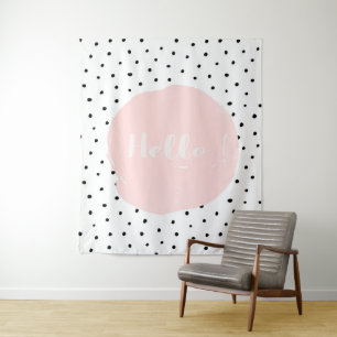 Pink Hello Typography Polka Dot Dots Dance Tapestry